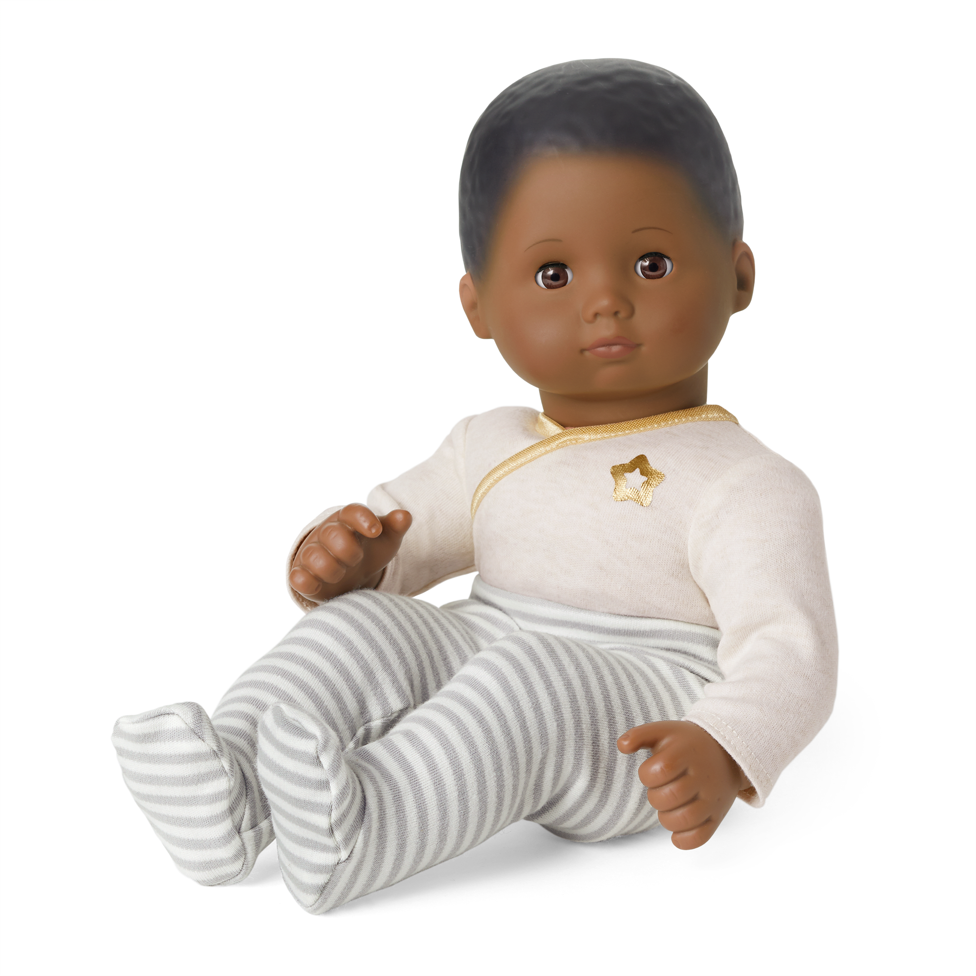 Bitty Baby Doll with Black Hair & Gray Outfit - 15" Cuddly Vinyl Baby Doll
